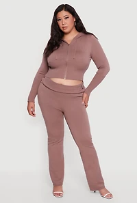 Plus Rib Knit Cropped Zip Front Hoodie