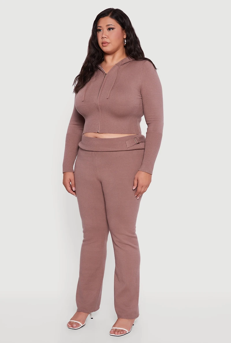 Plus Rib Knit Cropped Zip Front Hoodie