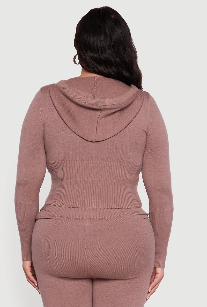 Plus Rib Knit Cropped Zip Front Hoodie