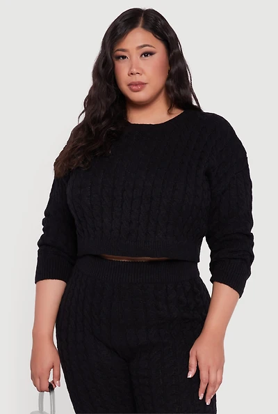 Womens Plus Cable Knit Cropped Long Sleeve Sweater,