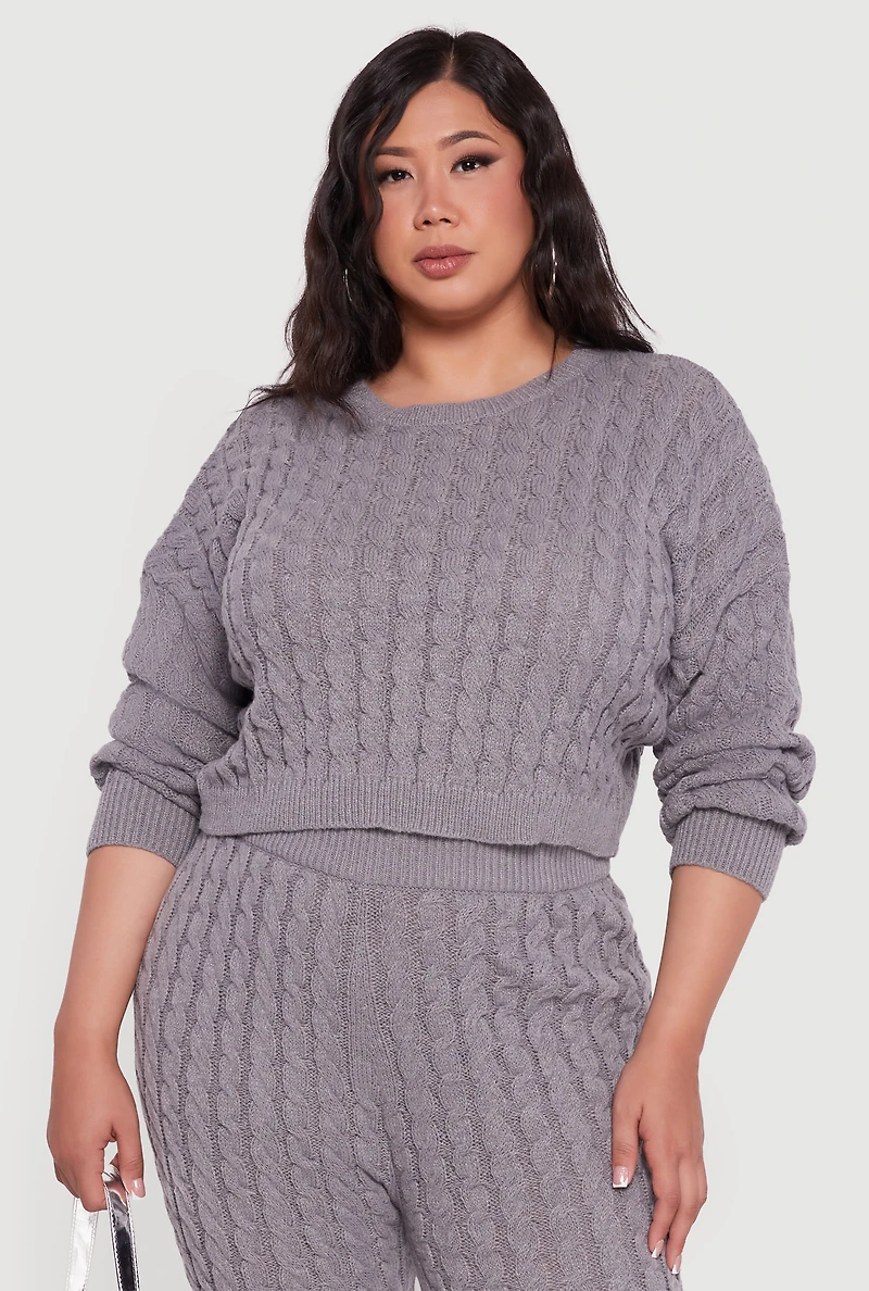 Womens Plus Size Cable Knit Cropped Long Sleeve Sweater, Grey, Size 1X