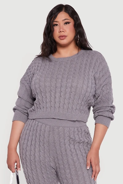 Womens Plus Size Cable Knit Cropped Long Sleeve Sweater, Grey, Size 1X
