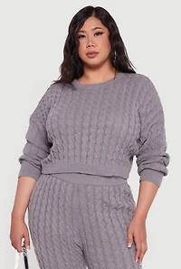 Womens Plus Size Cable Knit Cropped Long Sleeve Sweater, Grey, Size 1X