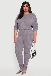 Womens Plus Size Cable Knit Cropped Long Sleeve Sweater, Grey, Size 1X