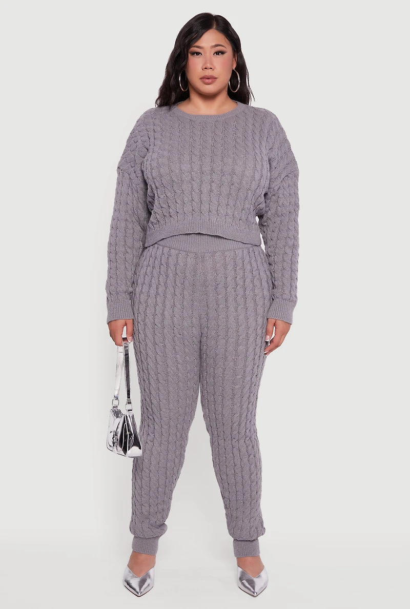 Womens Plus Size Cable Knit Cropped Long Sleeve Sweater, Grey, Size 1X