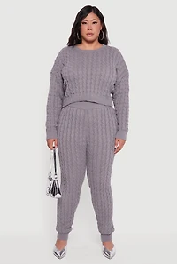 Womens Plus Size Cable Knit Cropped Long Sleeve Sweater, Grey, Size 1X