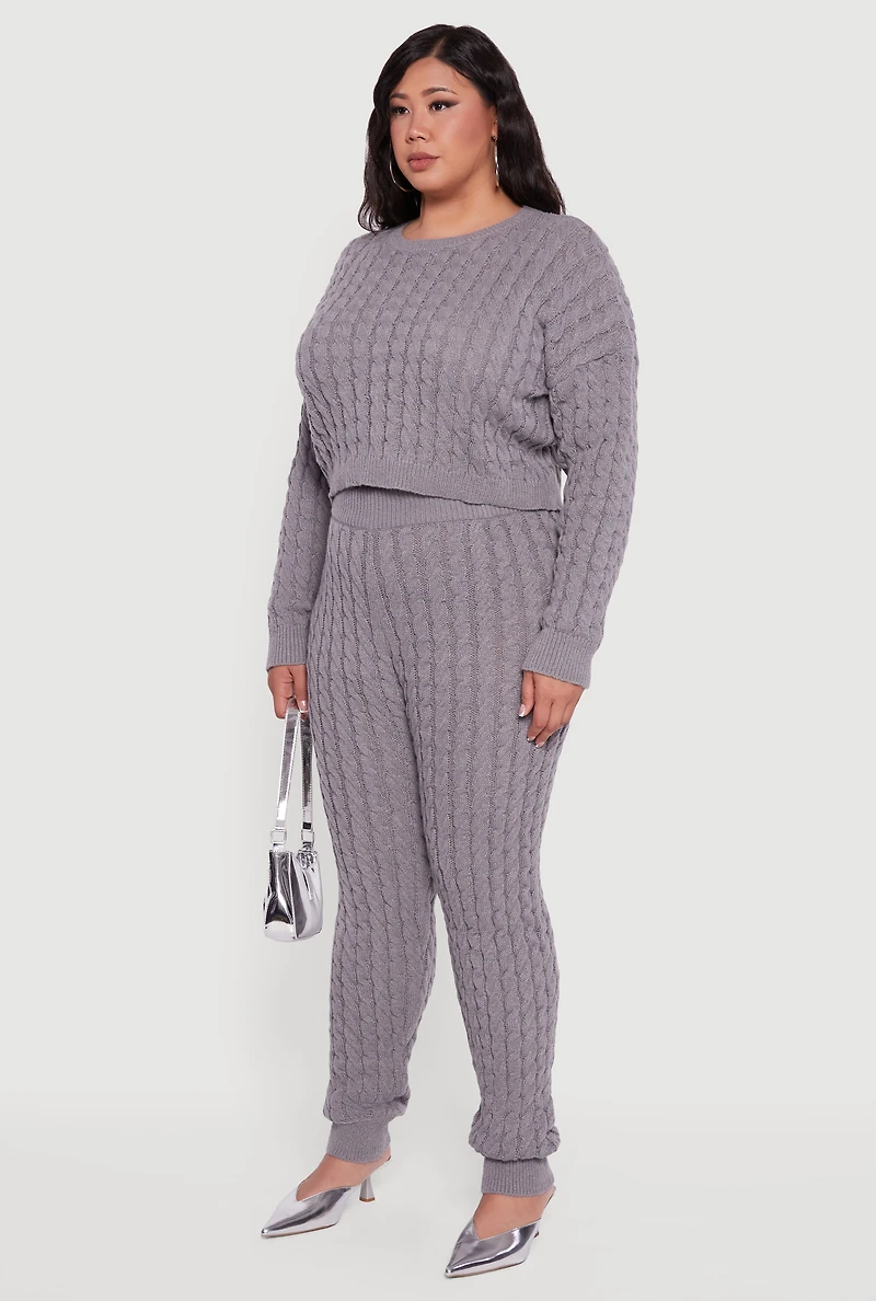Womens Plus Size Cable Knit Cropped Long Sleeve Sweater, Grey, Size 1X