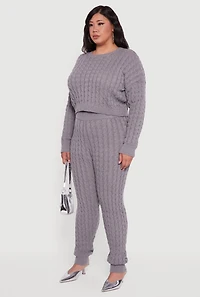 Womens Plus Size Cable Knit Cropped Long Sleeve Sweater, Grey, Size 1X