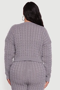 Womens Plus Size Cable Knit Cropped Long Sleeve Sweater, Grey, Size 1X