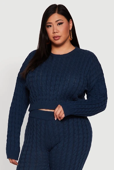 Plus Cable Knit Cropped Long Sleeve Sweater