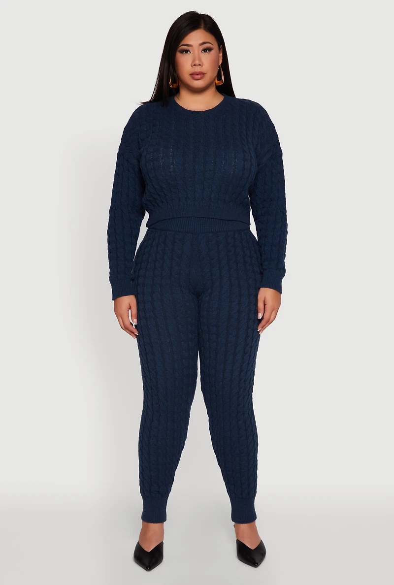 Womens Plus Size Cable Knit Cropped Long Sleeve Sweater, Blue, Size 3X