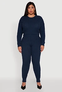 Womens Plus Size Cable Knit Cropped Long Sleeve Sweater, Blue, Size 3X