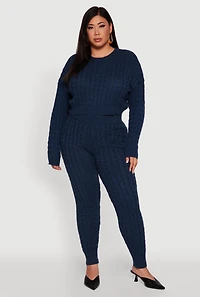 Womens Plus Size Cable Knit Cropped Long Sleeve Sweater, Blue, Size 3X