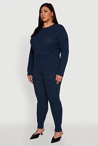 Womens Plus Size Cable Knit Cropped Long Sleeve Sweater, Blue, Size 3X