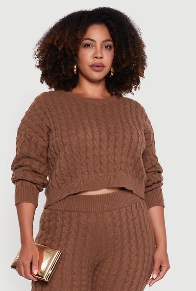 Womens Plus Size Cable Knit Cropped Long Sleeve Sweater, Brown, Size 3X