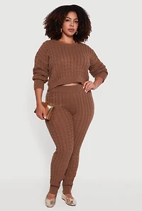 Womens Plus Size Cable Knit Cropped Long Sleeve Sweater, Brown, Size 3X