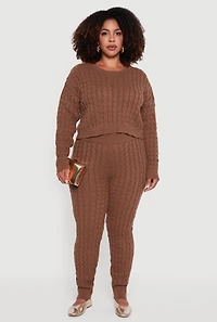 Womens Plus Size Cable Knit Cropped Long Sleeve Sweater, Brown, Size 3X