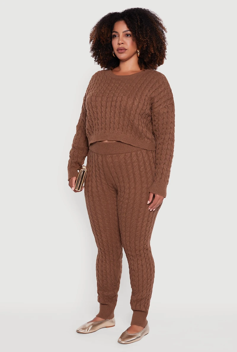 Womens Plus Size Cable Knit Cropped Long Sleeve Sweater, Brown, Size 3X