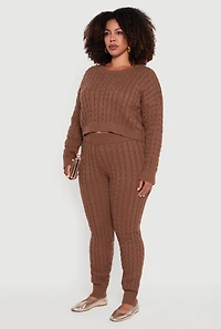 Womens Plus Size Cable Knit Cropped Long Sleeve Sweater, Brown, Size 3X