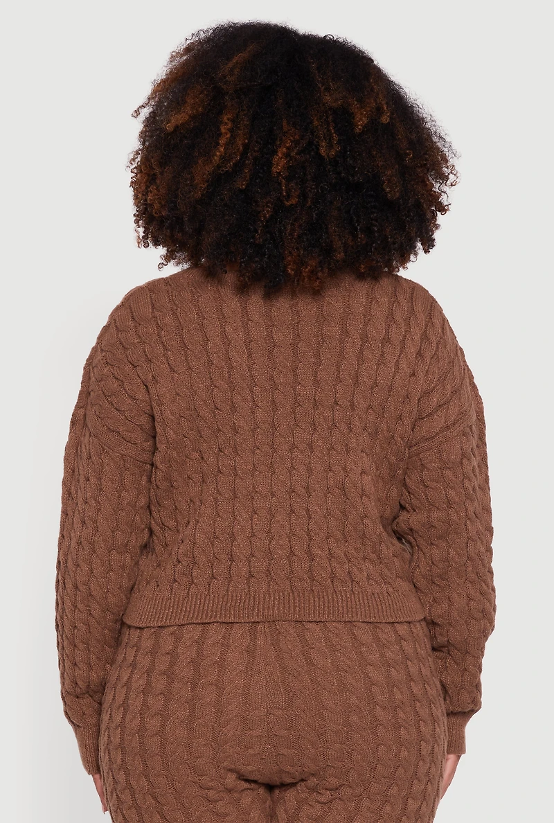 Womens Plus Size Cable Knit Cropped Long Sleeve Sweater, Brown, Size 3X