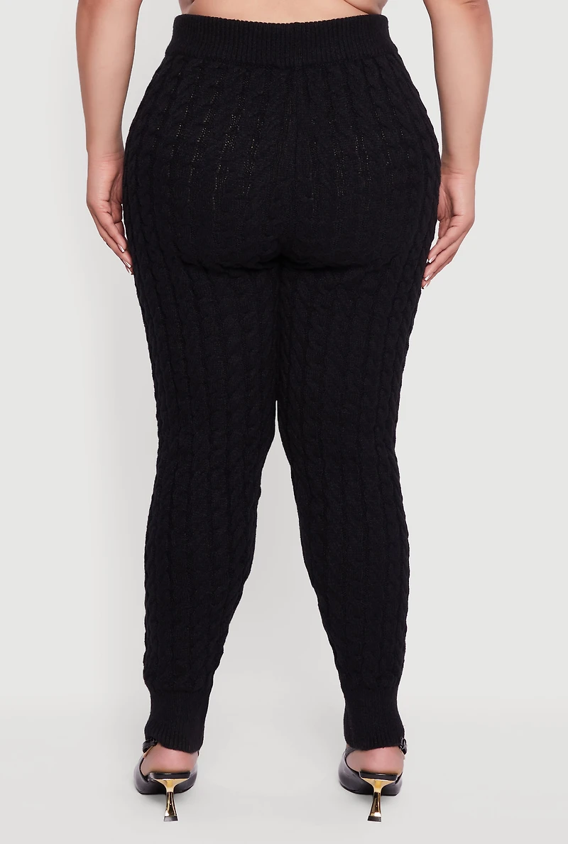 Womens Plus Size High Waisted Cable Knit Joggers, Black, Size 2X