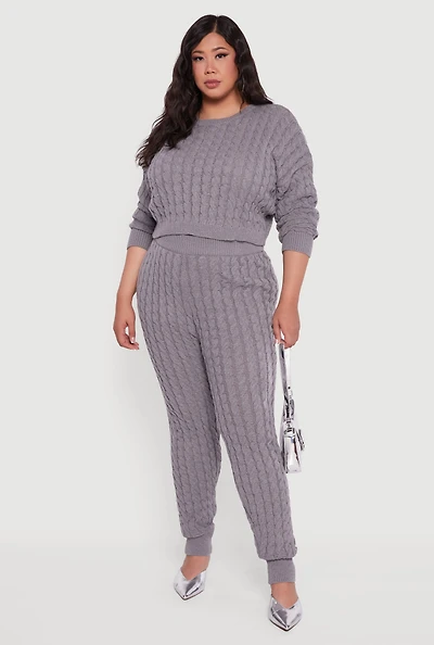 Womens Plus Size High Waisted Cable Knit Joggers, Grey, Size 2X