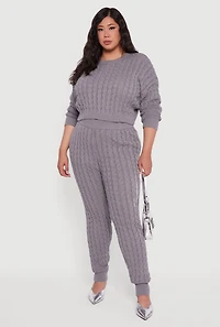 Womens Plus Size High Waisted Cable Knit Joggers, Grey, Size 2X
