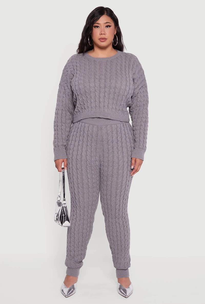 Womens Plus High Waisted Cable Knit Joggers, Grey,