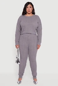 Womens Plus High Waisted Cable Knit Joggers, Grey,