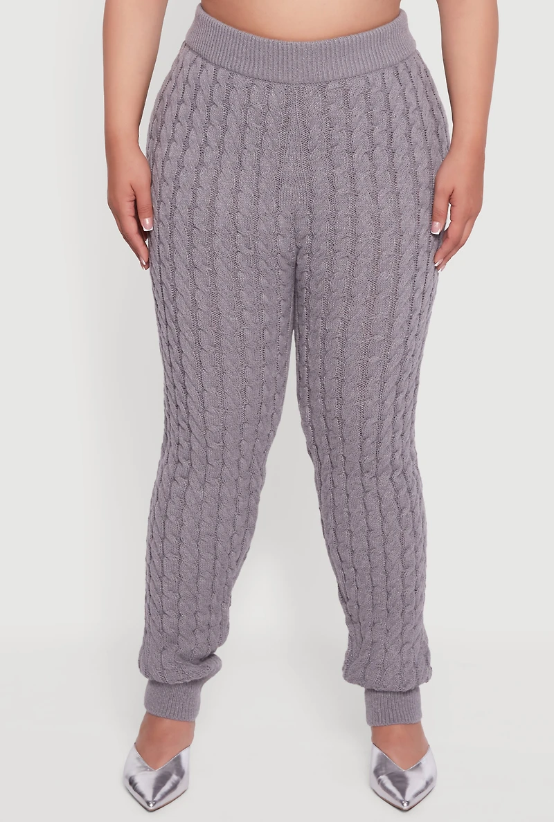 Womens Plus Size High Waisted Cable Knit Joggers, Grey, Size 2X