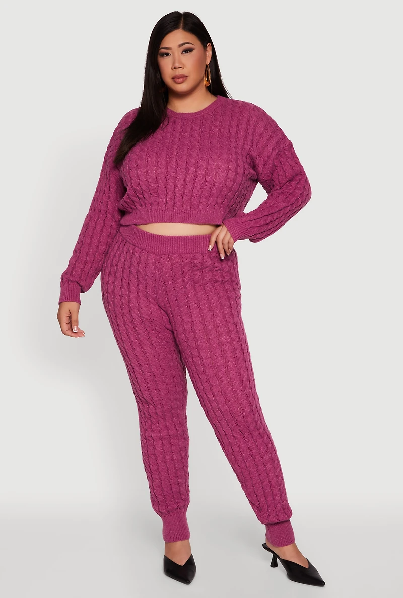 Womens Plus Size High Waisted Cable Knit Joggers, Purple, Size 1X