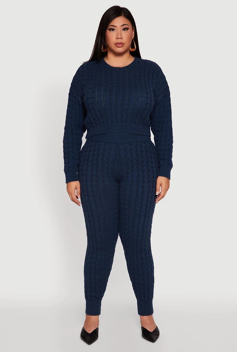 Womens Plus Size High Waisted Cable Knit Joggers, Blue, Size 1X