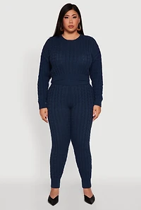 Womens Plus Size High Waisted Cable Knit Joggers, Blue, Size 1X