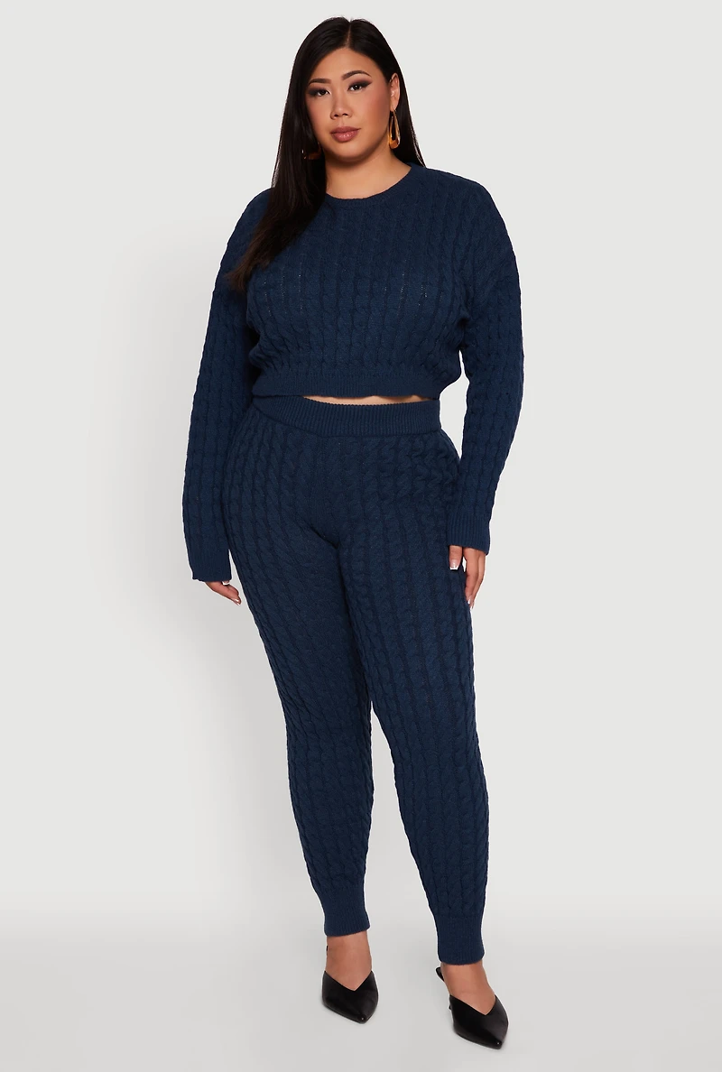 Womens Plus Size High Waisted Cable Knit Joggers, Blue, Size 1X
