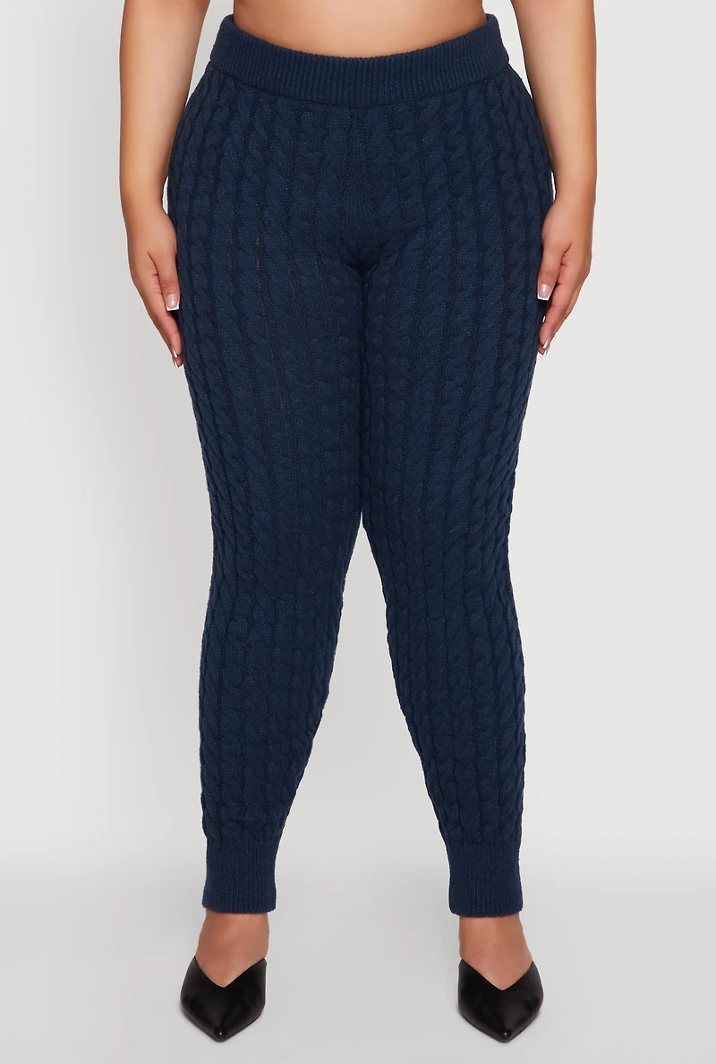 Womens Plus Size High Waisted Cable Knit Joggers, Blue, Size 1X