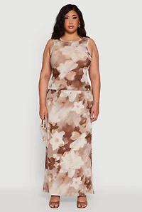 Womens Plus Size Printed Patterned Mesh Tank Top and Side Slit Maxi Skirt, Multi, Size 3X