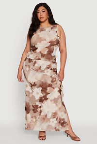 Womens Plus Size Printed Patterned Mesh Tank Top and Side Slit Maxi Skirt, Multi, Size 3X