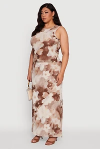 Womens Plus Size Printed Patterned Mesh Tank Top and Side Slit Maxi Skirt, Multi, Size 3X