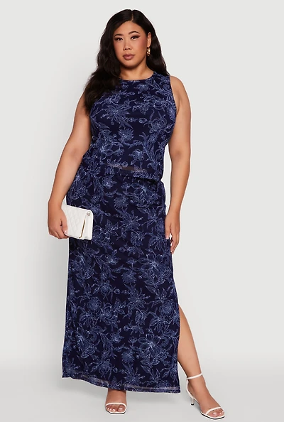 Womens Plus Printed Patterned Mesh Tank Top and Side Slit Maxi Skirt,