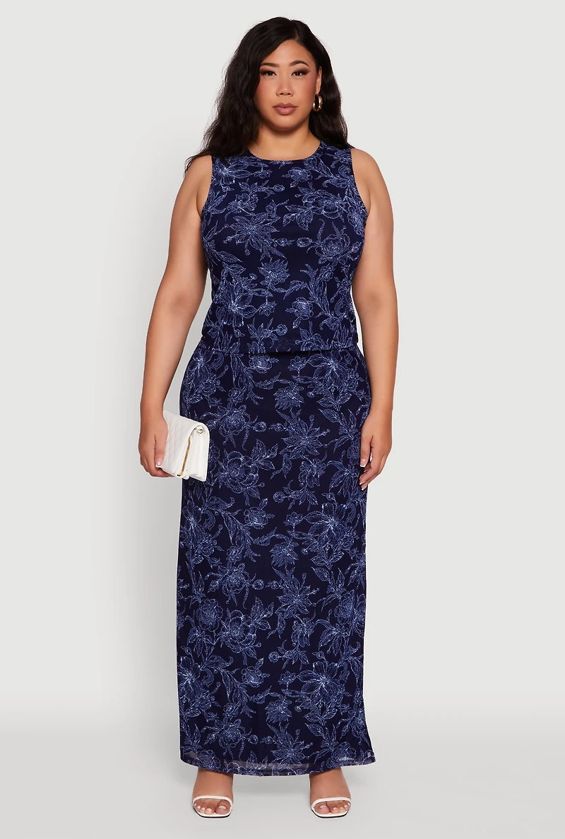 Womens Plus Printed Patterned Mesh Tank Top and Side Slit Maxi Skirt,