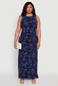 Womens Plus Printed Patterned Mesh Tank Top and Side Slit Maxi Skirt,