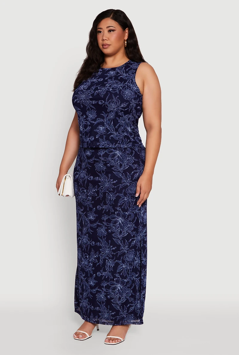 Womens Plus Size Printed Patterned Mesh Tank Top and Side Slit Maxi Skirt, Blue, Size 3X