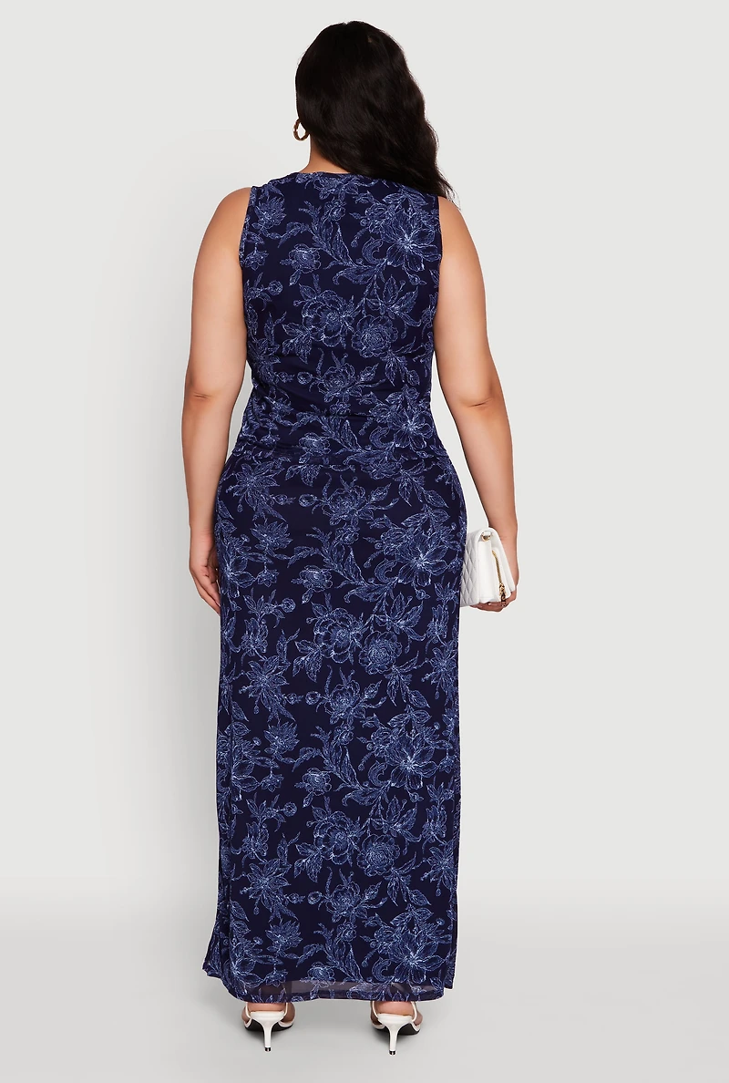 Womens Plus Printed Patterned Mesh Tank Top and Side Slit Maxi Skirt,