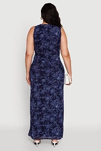 Womens Plus Printed Patterned Mesh Tank Top and Side Slit Maxi Skirt,