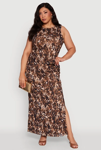 Womens Plus Size Printed Patterned Mesh Tank Top and Side Slit Maxi Skirt, Brown, Size 3X
