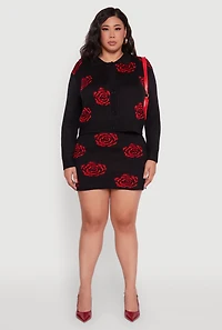 Womens Plus Size High Waisted Floral Patterned Mini Skirt, Black, Size 3X