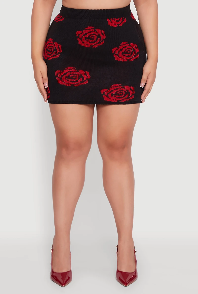 Womens Plus Size High Waisted Floral Patterned Mini Skirt, Black, Size 3X