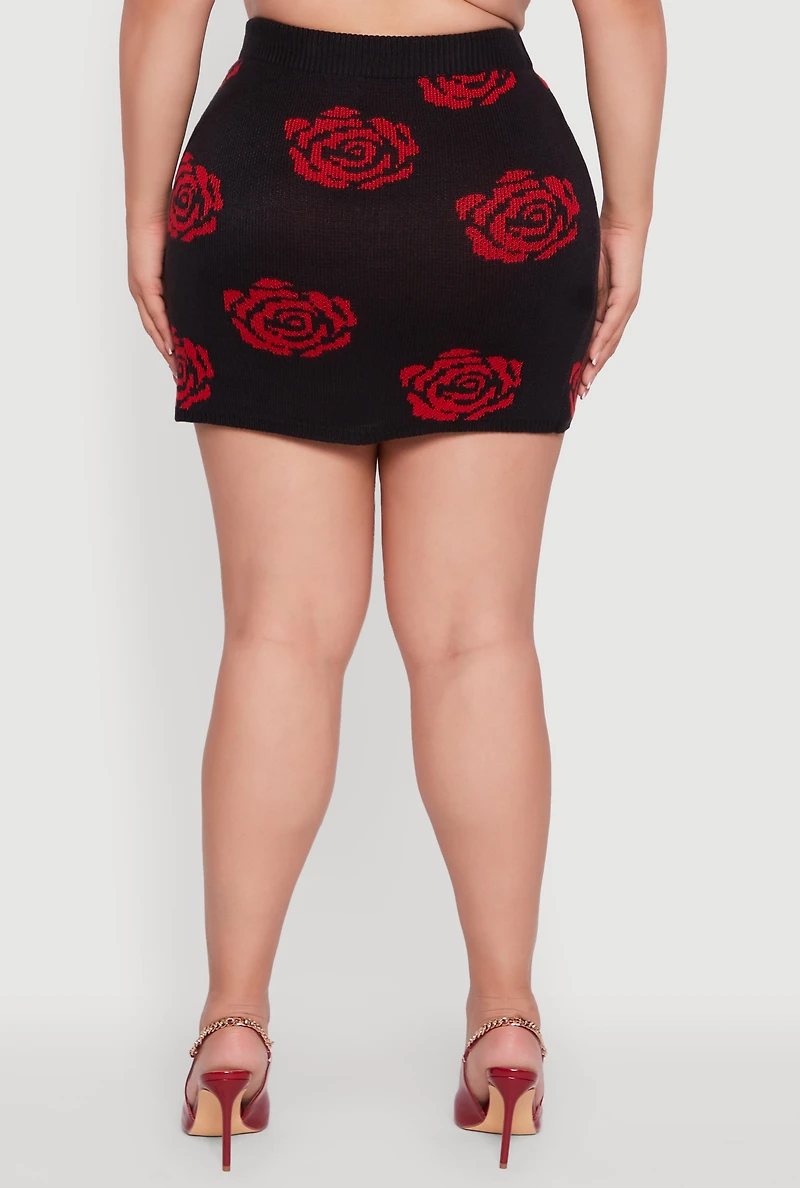 Womens Plus Size High Waisted Floral Patterned Mini Skirt, Black, Size 3X