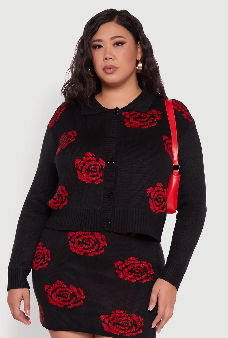 Womens Plus Size Floral Pattern Collared Button Front Cardigan, Black, Size 1X