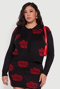 Womens Plus Size Floral Pattern Collared Button Front Cardigan, Black, Size 1X
